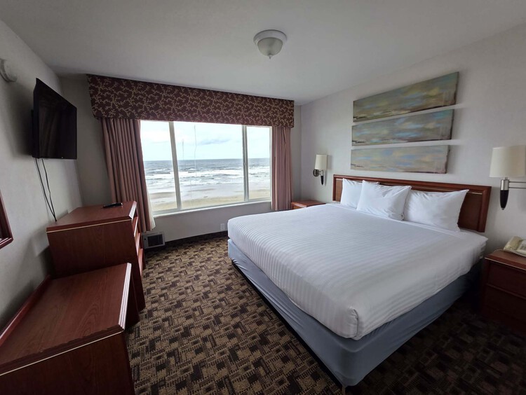 Guest room with a king bed, a TV, and a large window with a view of the beach